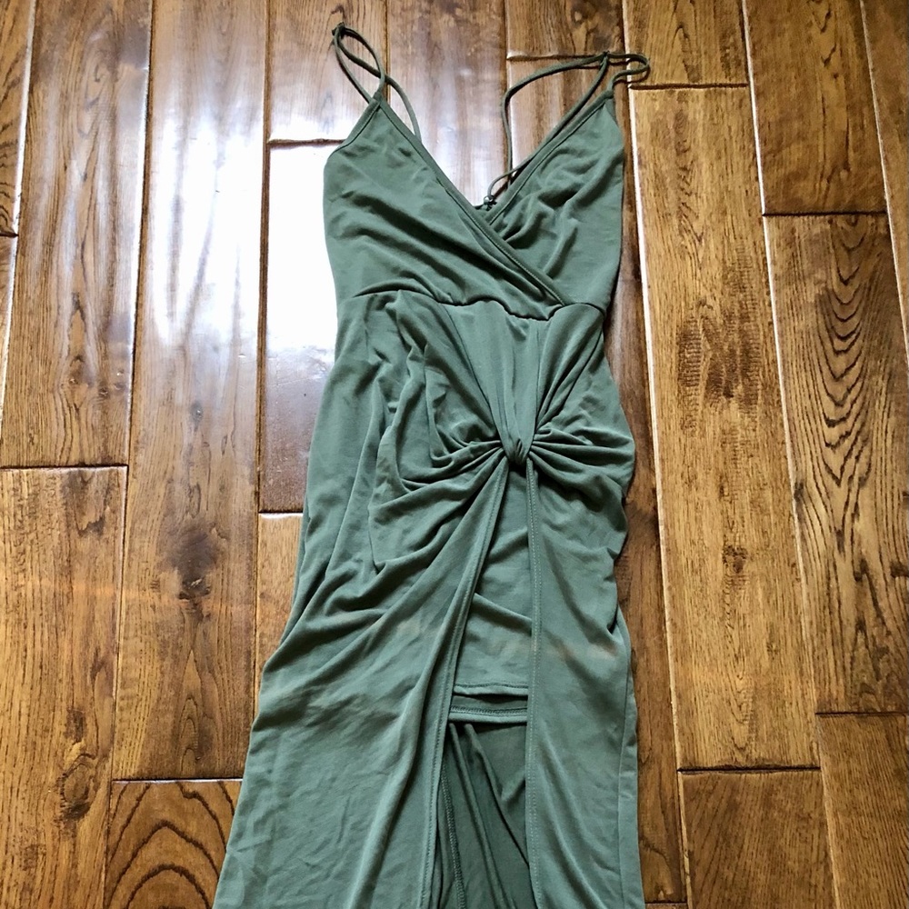 Lulu’s soft, sage green dress. Long back/short fr